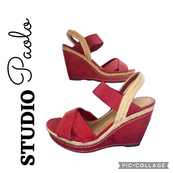 Studio Paolo Red Slingback Sandal Wedges - Picture 3 of 9